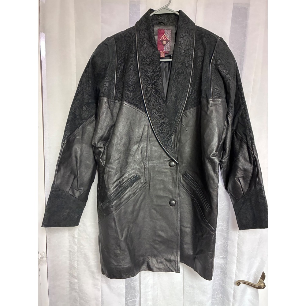 Vintage Black Leather Paisley Embossed Suede Shawl Collar Jacket Large